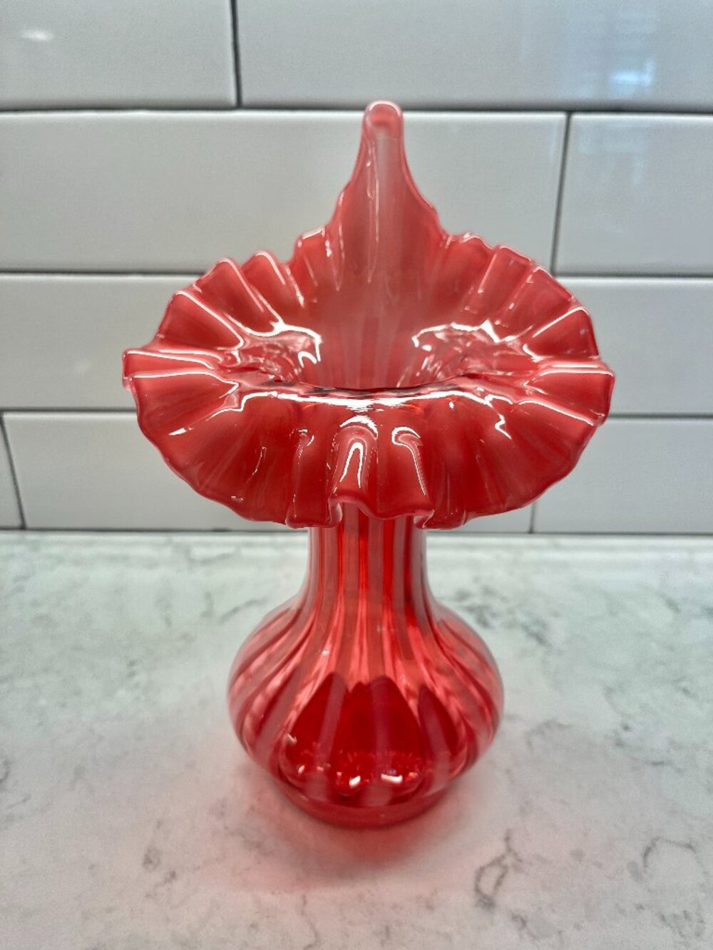 Fenton Art Glass "Jack-in-the-Pulpit Vase Cranberry Color, Stamped